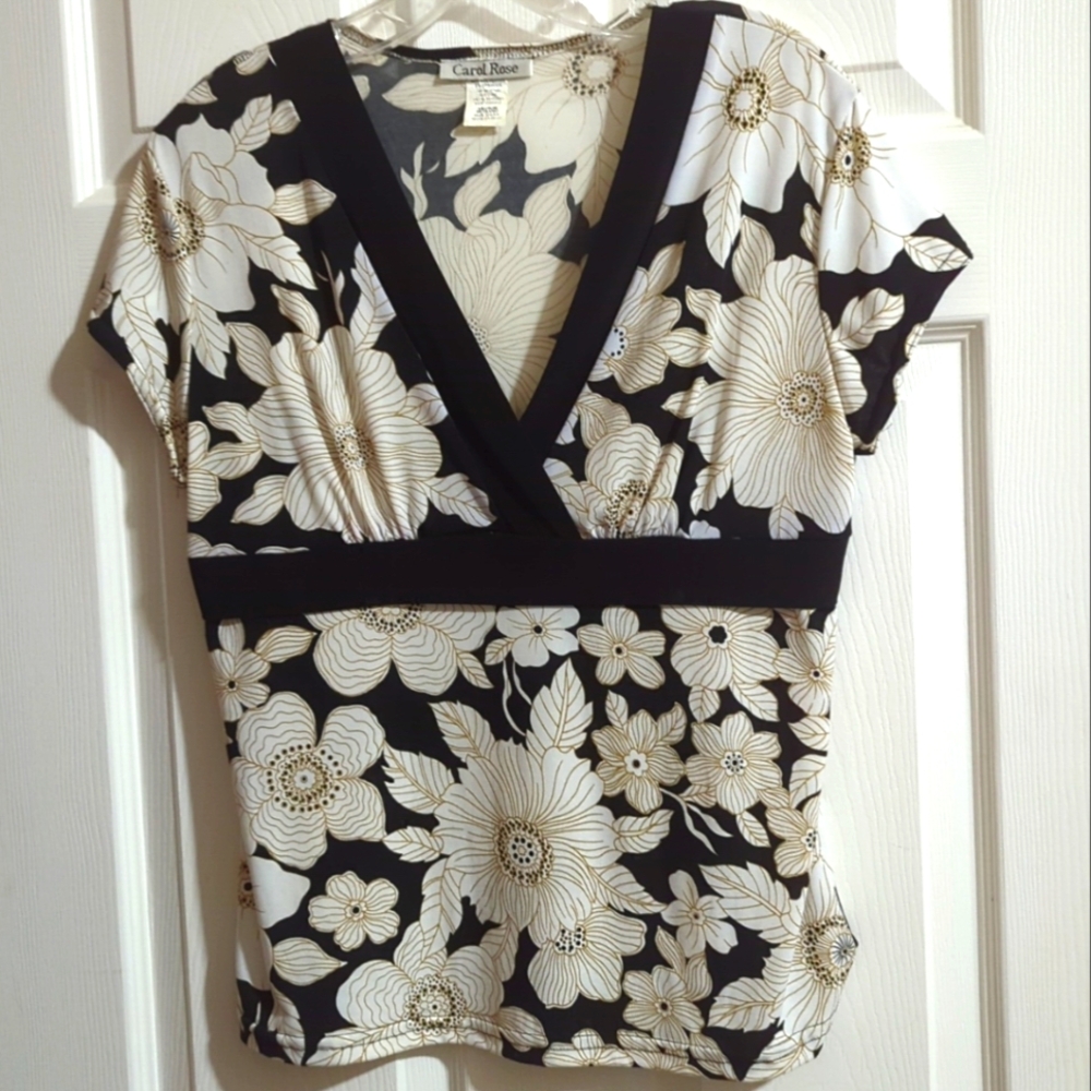📌SALE $8.📌Carol Rose Blouse Womens Size M White Black Floral V-neck Career
